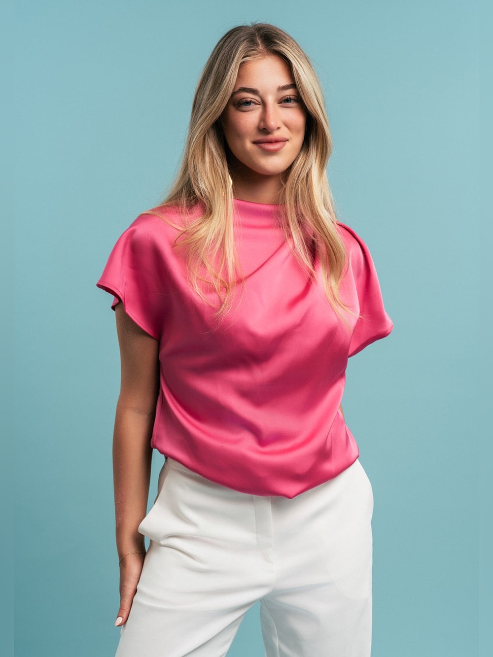💖 Zara Satin Draped Cowl Neck Blouse Top – Fuchsia Bright Pink Size XL